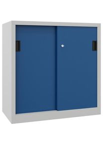 Pavoy Armario de puertas correderas, altura 1000 mm, puertas de chapa maciza, A x P 1000 x 400 mm, con 2 baldas, puerta en azul genciana