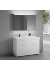 neoro n50 Meuble bas l : 120 cm, 2 tiroirs, vasque double blanc mat avec 2 trous perc&eacute;s, avec armoire de toilette,, BN0141WM+BN0444WM+BN0475MI,