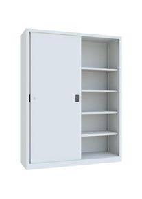 Pavoy Zware schuifdeurkast, hoogte 1950 mm, deuren van massief plaatstaal, b x d 1500 x 500 mm, met scheidingswand en 2 x 4 legborden, deur lichtgrijs