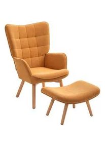 HOMCOM Sessel mit Hocker, Ohrensessel mit Hoher Rückenlehne, Holzbeine, Cord, Braun , Bernsteinfarben , Textil , Echtholz,Buche , Füllung: Schaumstoff,Schaumstoff , einzeln stellbar , 80x101x72 cm , Wohnzimmer, Sessel, Relaxsessel