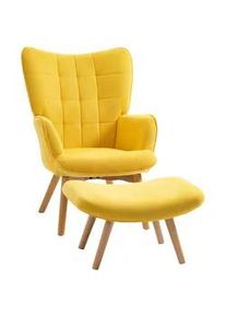HOMCOM Ohrensessel mit Hocker, Relaxsessel, Polstersessel in Cord-Optik, mit Holzbeine , Gelb , Textil , Echtholz,Buche , Füllung: Schaumstoff,Schaumstoff , 80x101x72 cm , Wohnzimmer, Sessel, Relaxsessel