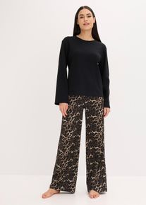 Pyjama avec haut côtelé et pantalon ample - noir - taille 42/44 (M) - Bas: 100% coton,Haut: 100% coton,Matière côtelée - bonprix