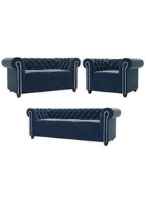 S-Style Möbel Sitzgarnitur mit Schlaffunktion 3+2+1 Chesterfield Nyx Marineblau Samt , Dunkelblau , Textil , Echtholz,Buche, Birke , Füllung: Komfortschaum,Komfortschaum , 203x72x86 cm , Blauer Engel, FSC Mix, Oeko-Tex®, Hergestellt in Europa , Wohnzimmer, Sofas & Couches, Sitzgarnituren
