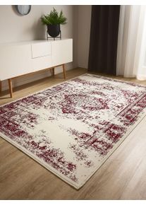 benuta Basic Tapis Vintage Suki Cr&egrave;me/Rouge 140x200 cm - Tapis poil ras / effet us&eacute;