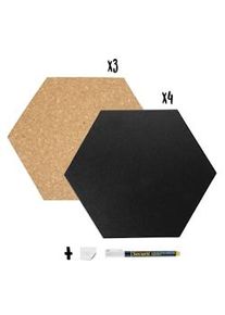 Securit Hexágonos de Corcho & Pizarras – Incluye Marcador & Chinchetas – Juego 7 pzs (4x Pizarra + 3x Corcho) – 15,5x18 cm Unid.
