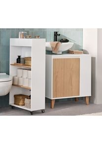 Tchibo - Wąska szafka łazienkowa na k&oacute;łkach - kolor: biały/brązowy