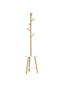 HOMCOM Coat Stand with Side Table in Scandinavian Design, 5 Coat Hooks, 39.5 cm x 39.5 cm x 171 cm, Natural + White | Aosom Ireland
