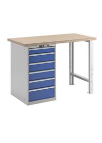 LISTA Banco de trabajo en sistema modular, altura 1040 mm, armario inferior, 6 cajones, azul genciana, anchura de mesa 1500 mm