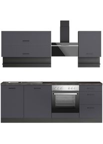 KOCHSTATION, K&uuml;chenzeile &raquo;KS-Frieda Breite 220 cm&laquo; wahlweise mit E-Ger&auml;ten, mit 38mm starker Arbeitsplatte, K&uuml;che: grau + Front: anthrazit + Korpus: 