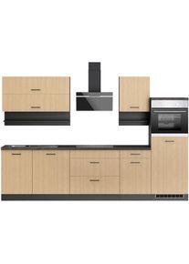 KOCHSTATION, K&uuml;chenzeile &raquo;KS-Frieda Breite 300 cm&laquo; wahlweise mit E-Ger&auml;ten, mit 38mm starker Arbeitsplatte, K&uuml;che: natur + Front: eiche hell Streifen 