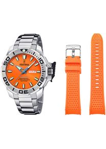 Festina, Damen, Taucheruhr &raquo;The Originals/Diver&laquo; Armbanduhr, Quarzuhr, Herrenuhr, Geschenkidee, Edelstahlarmband, silberfarben-orange, silberfarben-