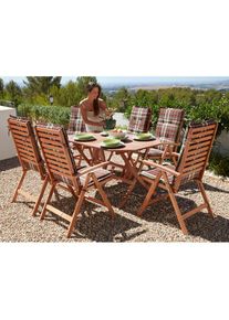 Merxx, Garten-Essgruppe &raquo;Borkum, TOPSELLER!&laquo; 6x Sessel, inkl. Sitz- und R&uuml;ckenkissen, 1x Klapptisch 135x85 cm, 13 Stk. tlg. Eukalyptusholz, FSC Mix, 