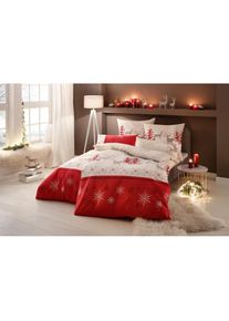 my home, Bettw&auml;sche &raquo;Venua in Gr. 135x200 oder 155x220 cm&laquo; 2 Stk. tlg. Winterbettw&auml;sche, Weihnachtsbettw&auml;sche, rot/beige, Biber, Obermaterial: 100% 