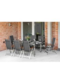 Merxx, Garten-Essgruppe &raquo;Ferrara&laquo; 9 Stk. tlg. 8 Klappsessel, ausziehbarer Tisch, grau +, Edelstahl, FSC -zertifiziertes Massivholz, Polyester, B/H/T: 