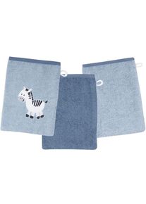 Wörner Wörner , Waschhandschuh »Zebra blau Waschhandschuh 3er Set« 1x mit süßer Zebrastickerei, 2x unifarben , stahlblau, dunkelblau , Obermaterial: 100%...