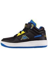 Kappa , Jungen , Sneaker - mit Elastikschnürung & Klettverschluss , black-blue , 34 , 34 , Detailverliebter Midcut Sneaker von Kappa für Kinder