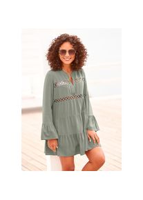 Lascana , Longbluse mit Spitzeneinsätzen, Tunika, Blusenkleid, Strandmode , helles khaki , 32/34 , 32/34 , Kurzes Kaftankleid mit V-Ausschnitt