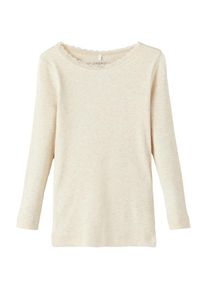 name it, Damen, Langarmshirt &raquo;NMFKAB LS TOP NOOS&laquo; in Feinripp und mit s&uuml;&szlig;er Spitzenkante am Ausschnitt, Peyote Melange, 122/128, Peyote Melange, 
