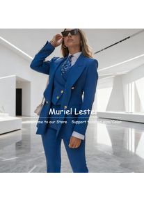 Elegant Blue Women's Suits Double Breasted 3 Piece Sets Jacket Pants Vest Female Clothing Slim Fit Smart Office Lady Blazer