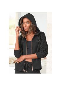 Lascana , Kapuzensweatjacke mit kupferfarbenen Reißverschluss und Logostickerei, Loungewear , schwarz , 36/38 , 36/38 , Kapuzensweatjacke mit...