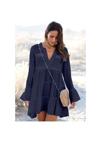 Lascana , Longbluse mit Spitzeneinsätzen, Tunika, Blusenkleid, Strandmode , marine , 32/34 , 32/34 , Kurzes Kaftankleid mit V-Ausschnitt