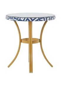 Beliani Gartentisch Rattan blau/weiß 70 cm Rifreddo , Blau, Weiß , Kunststoff , Rund , 70x76x70 cm , Gartenmöbel, Gartentische, Gartentische