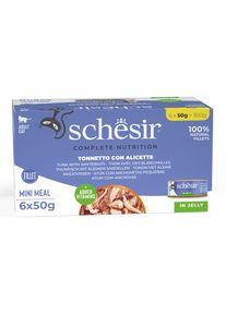 6x50g Thon avec poisson blanc Schesir Complete Nutrition en gel&eacute;e nourriture humide pour chat