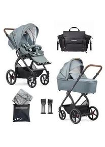 Gesslein Kinderwagenset , Braun, Weiß, Petrol, Mintgrün , Textil , 57x129x100 cm , EN 1888, UV 50+, Made in Germany , Feststellbremse, Federung, kugelgelagerte Räder, für Babyschale geeignet, Griff in Lederoptik, Reflektorstreifen,5-Punkt-Gurt, Gurtschoner, Schutzbügel abnehmbar, Verdeck abnehmbar, Sichtfenster, Sitz umsetzbar,Matratze, zusammenklappbar, Bezug abnehmbar und waschbar , Baby On Tour