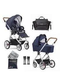 Gesslein Kinderwagenset , Braun, Dunkelblau , Textil , 57x129x100 cm , Made in Germany, EN 1888, UV 50+ , Feststellbremse, Federung, kugelgelagerte Räder, für Babyschale geeignet, Griff in Lederoptik, Reflektorstreifen,5-Punkt-Gurt, Gurtschoner, Schutzbügel abnehmbar, Verdeck abnehmbar, Sichtfenster, Sitz umsetzbar,Matratze, zusammenklappbar, Bezug abnehmbar und waschbar , Baby On Tour, Kinderwage