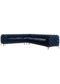 S-Style Möbel Ecksofa Chesterfield Laura Marineblau Samt , Dunkelblau , Textil , Echtholz,Buche, Birke , Eckteil, L-Form, Ottomane links,L-Form , 323x264 cm , Blauer Engel, FSC Mix, Oeko-Tex®, Hergestellt in Europa , Wohnzimmer, Sofas & Couches, Wohnlandschaften, Ecksofas