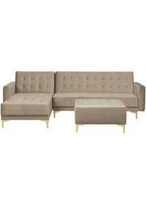 Beliani Schlafsofa linksseitig mit Ottomane Samtstoff Sandbeige Aberdeen , Beige , Textil , L-Form , 267x168 cm , Wohnzimmer, Sofas & Couches, Wohnlandschaften, Ecksofas