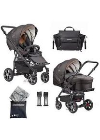 Gesslein Kinderwagenset , Anthrazit, Braun, Cognac , Textil , 57x129x100 cm , Made in Germany, EN 1888, UV 50+ , Feststellbremse, Federung, kugelgelagerte Räder, für Babyschale geeignet, Griff in Lederoptik, Reflektorstreifen,5-Punkt-Gurt, Gurtschoner, Schutzbügel abnehmbar, Verdeck abnehmbar, Sichtfenster, Sitz umsetzbar,Matratze, Bezug abnehmbar und waschbar , Baby On Tour, Kinderwagen, Kombikin