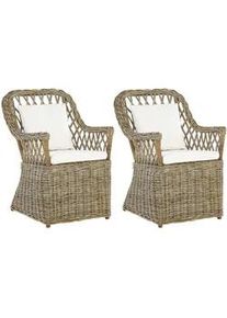 Beliani Gartensessel 2er-SET Rattan natürlich Auflagen cremeweiß Maros , Beige, Naturfarben, Weiß , Naturmaterialen , 60x90x70 cm , Gartenmöbel, Gartenstühle, Gartenstühle