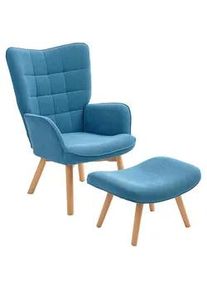 HOMCOM Sessel mit Hocker, Ohrensessel mit Hoher Rückenlehne, Holzbeine, Cord, Blau , Textil , Echtholz,Buche , Füllung: Schaumstoff,Schaumstoff , 80x101x72 cm , Wohnzimmer, Sessel, Relaxsessel