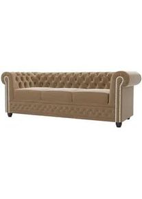 S-Style Möbel Chesterfield-Sofa 3-Sitzer mit Schlaffunktion Nyx Beige Samt , Textil , Echtholz,Buche, Birke , Füllung: Komfortschaum,Komfortschaum , 203x28x86 cm , Blauer Engel, FSC Mix, Oeko-Tex®, Hergestellt in Europa , Wohnzimmer, Sofas & Couches, Schlafsofas