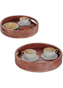 Relaxdays 2-Tlg.tablett-Set , Braun , Holz , 2-teilig , Mangoholz , Rund , 36x7.5x36 cm , Tragegriff , Tischkultur & Servieren, Tabletts