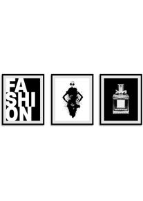 queence Bild »Fashionista« Bilder von Frauen Fashion Frau Magazincover Mode Schriftzug Schwarz-Weiß Sprüche & Texte 3 Stk. tlg. gerahmt in schwarz,...