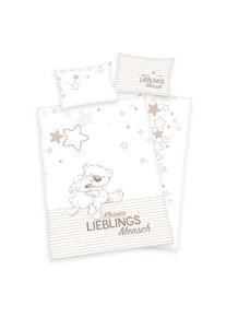 Herding Babybettwäsche »Kleiner Lieblingsmensch« 2 Stk. tlg. Mit Teddy und Schaf in beige, Größe B/L: 60 cm x 40 cm