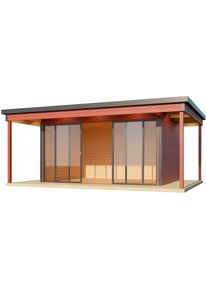 Lasita Maja, Gartenhaus &raquo;DOMEO 4 LOGGIA SCHWEDENROT/ANTHRAZIT - NEU&laquo; mit &Uuml;berdachung, Fundamentmass 800+4180+800 x 800+3219, Schwedenrot, Schwedenrot,