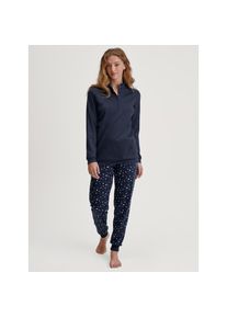 Calida , Schlafanzug »Deep Dreams« 2 Stk. tlg., zarte Spitze, V-Ausschnitt, Langarm, Single Jersey Qualität, weich , peacoat blue , XL (52/54) , XL...