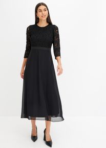 bonprix Femei Rochie midi din șifon subţire cu dantelă în partea de sus, negru, 36