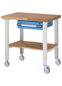 eurokraft pro Verrijdbare werkbank Serie 7000, 2 bok-/2 zwenkwielen, 1 lade, aflegbord, werkblad-b x d = 1000 x 700 mm