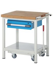 Fahr- und absenkbare Werkbank, Gestellbauweise Serie 8000, 1 Hängeschublade, Ablageboden, BxT 750 x 700 mm eurokraft pro