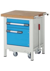 Fahr- und absenkbare Werkbank, Gestellbauweise Serie 8000, 1 Schublade, 1 Tür, Ablageboden, BxT 750 x 700 mm eurokraft pro