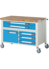 Fahrbare Werkbank Serie 8000, Gestellbauweise, 5 Schubladen, 1 Tür, Platten-BxT 1250 x 700 mm eurokraft pro