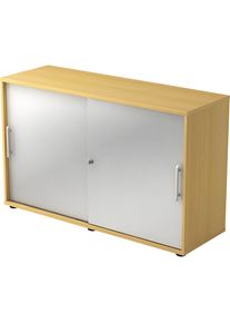 Schuifdeurkast, elk 1 legbord, 1 tussenwand, h x b x d = 748 x 1200 x 400 mm, beukenhoutdecor / blank aluminiumkleurig