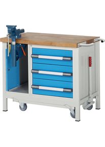 Fahr- und absenkbare Werkbank, Gestellbauweise Serie 8000, 3 Schubladen, Klapplift-Schraubstock, BxT 1000 x 700 mm eurokraft pro
