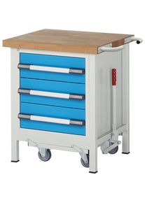 Fahr- und absenkbare Werkbank, Gestellbauweise Serie 8000, 3 Schubladen, Ablageboden, BxT 750 x 700 mm eurokraft pro