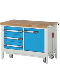 eurokraft pro Verrijdbare en in hoogte verstelbare werkbank, stellingconstructie 8000-serie, 3 laden, 1 deur, b x d = 1250 x 700 mm