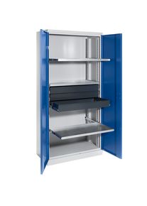eurokraft pro Materiaalkast, breedte 950 mm, 3 uitschuifbare legborden, 3 laden, deur gentiaanblauw